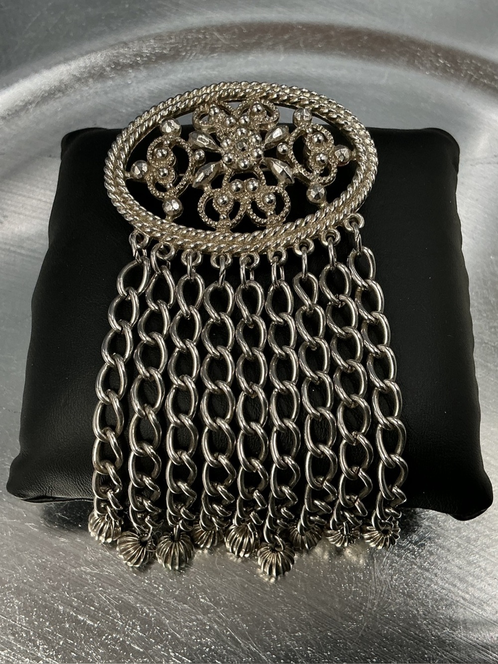 Sarah Coventry Silver-Tone Filigree Fringe Brooch with Rhinestones